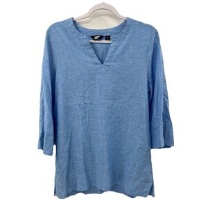 Lands End Womens Linen Blend Tunic Top Size M Light Blue Pockets 3/4 Sleeve